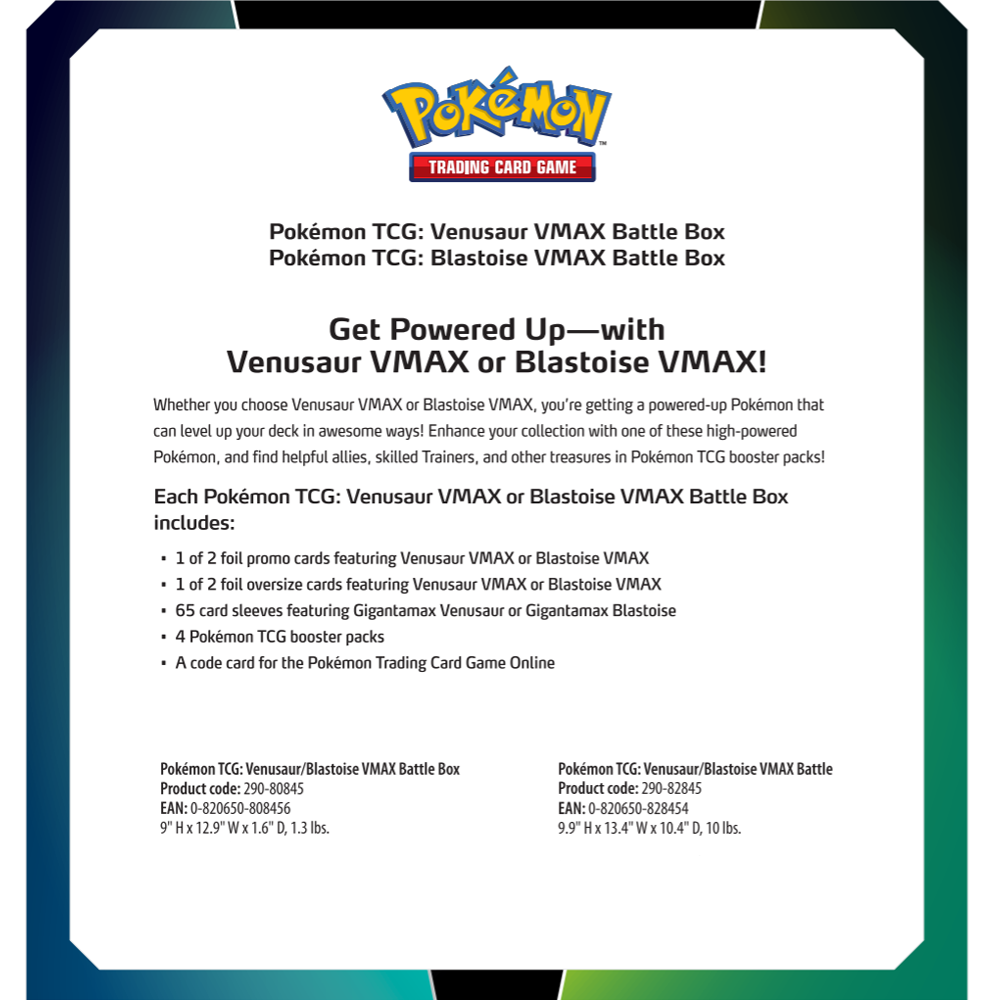 Pokemon Trading Card Game: Venusaur/Blastoise VMAX Battle Box (Random Draw)