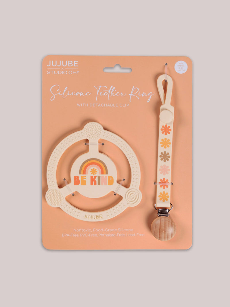 Silicone Teether Ring & Detachable Clip - Be Kind Rainbows