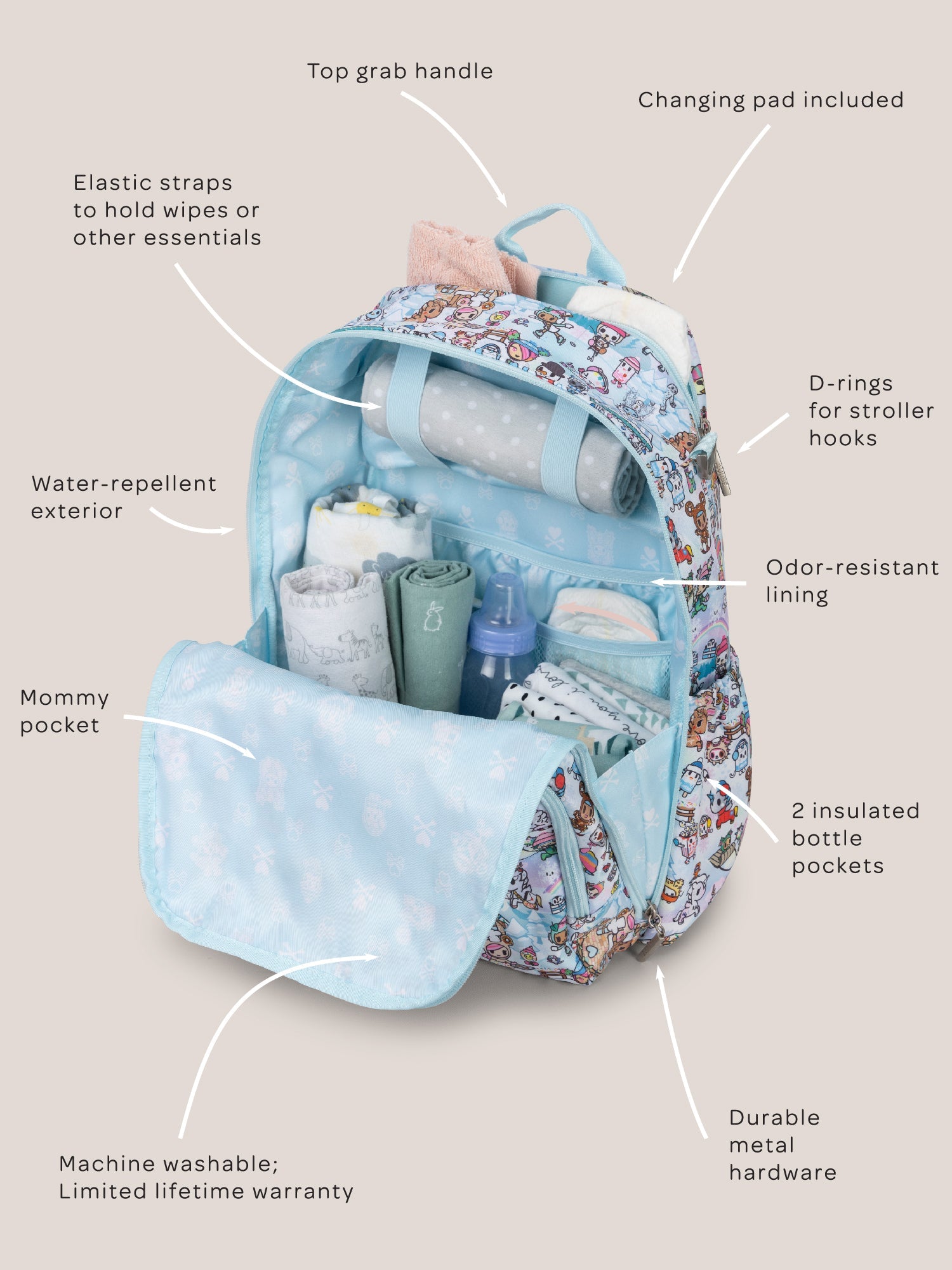 tokidoki Snow Day Zealous Backpack Diaper Bag — Ice Blue