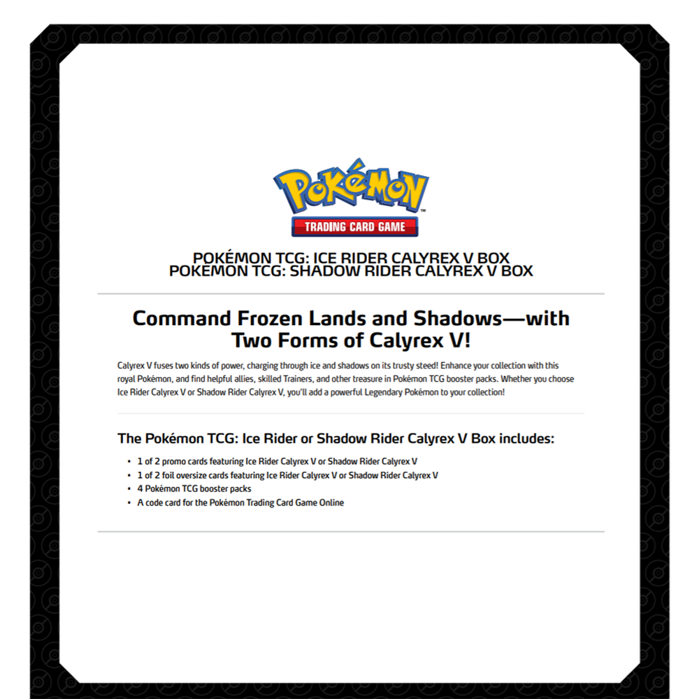 Pokemon Trading Card Game: Calyrex V Box (Random Draw) Pokemon Trading Card Game: Calyrex V Box (Random Draw)